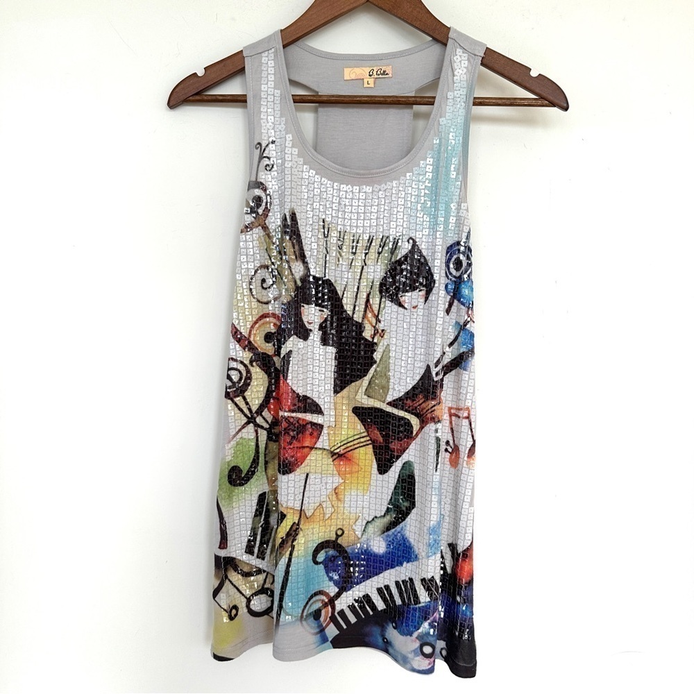 B. Bella tank  top with sparkly sequins, form fitting, racer back style